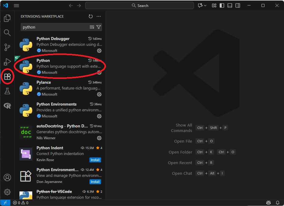 Screenshot showing VS Code, highlighting the Extensions menu and the Python extension